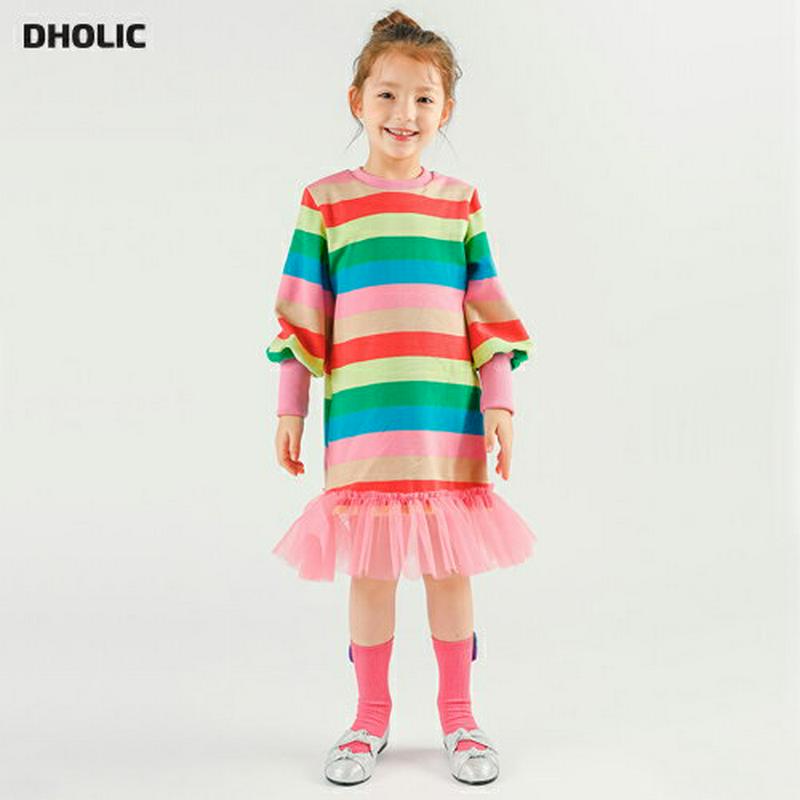 チュールヘムカラフルボーダーワンピース p007278 キッズ 【3~8才】【ops】【韓国 ファッション ワンピース ミディ ミドル 膝丈 長袖 Hライン Tシャツ カットソー パターン 柄 女の子キッズ 子供 子供用 幼稚園 通学 通園 小学生 春 秋 冬】【KIDS】