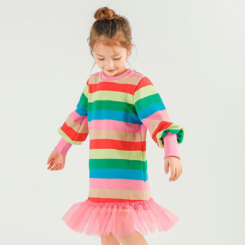 チュールヘムカラフルボーダーワンピース p007278 キッズ 【3~8才】【ops】【韓国 ファッション ワンピース ミディ ミドル 膝丈 長袖 Hライン Tシャツ カットソー パターン 柄 女の子キッズ 子供 子供用 幼稚園 通学 通園 小学生 春 秋 冬】【KIDS】