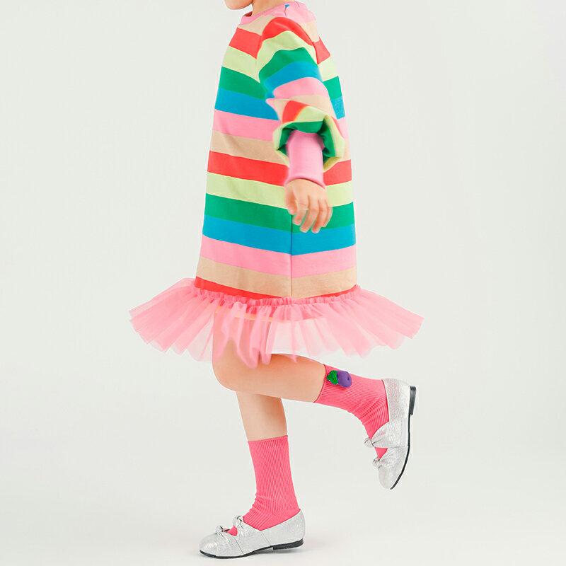 チュールヘムカラフルボーダーワンピース p007278 キッズ 【3~8才】【ops】【韓国 ファッション ワンピース ミディ ミドル 膝丈 長袖 Hライン Tシャツ カットソー パターン 柄 女の子キッズ 子供 子供用 幼稚園 通学 通園 小学生 春 秋 冬】【KIDS】