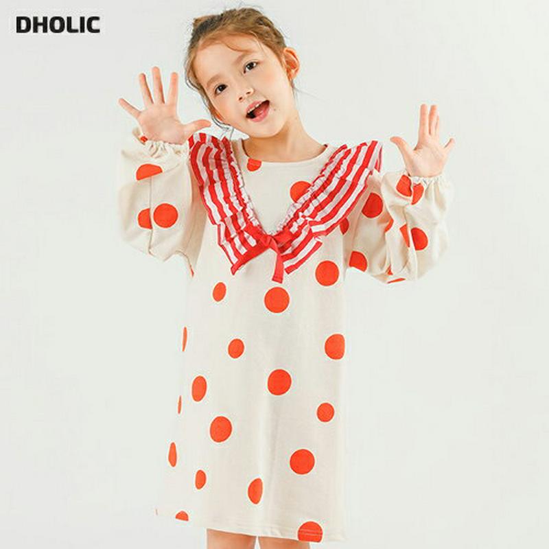 ボーダーカラーリボンドットワンピース p007277 キッズ 【3~8才】【ops】【韓国 ファッション ワンピース ロング フレア Aライン 女の子 長袖 ルーズ ゆったり パフスリーブ フリル パターンキッズ 子供用 幼稚園 通学 通園 小学生 春 秋 冬】【KIDS】