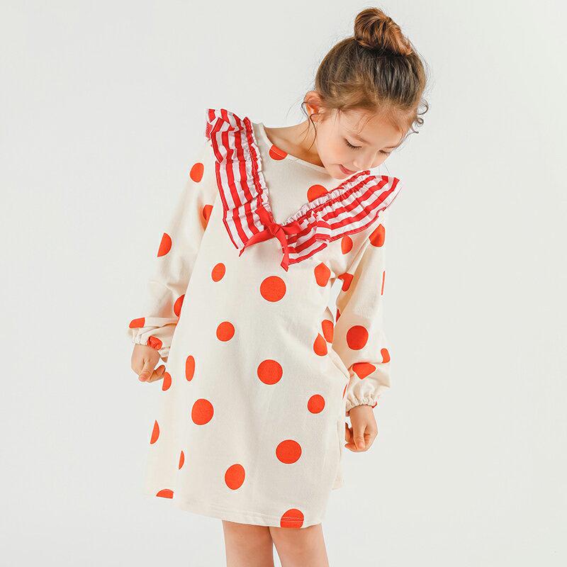 ボーダーカラーリボンドットワンピース p007277 キッズ 【3~8才】【ops】【韓国 ファッション ワンピース ロング フレア Aライン 女の子 長袖 ルーズ ゆったり パフスリーブ フリル パターンキッズ 子供用 幼稚園 通学 通園 小学生 春 秋 冬】【KIDS】