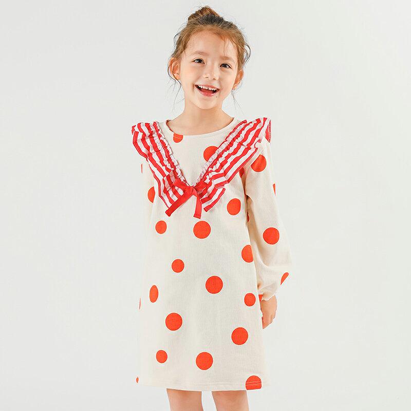 ボーダーカラーリボンドットワンピース p007277 キッズ 【3~8才】【ops】【韓国 ファッション ワンピース ロング フレア Aライン 女の子 長袖 ルーズ ゆったり パフスリーブ フリル パターンキッズ 子供用 幼稚園 通学 通園 小学生 春 秋 冬】【KIDS】