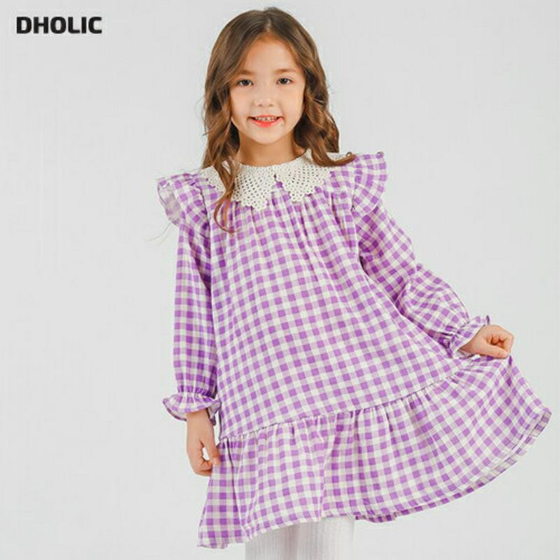 レースカラーチェックワンピース p007251 キッズ 【3~8才】【ops】【韓国 ファッション ワンピース ミディ ミディアム 膝丈 ミドル フレア Aライン 女の子 長袖 パフスリーブ フリル パターンキッズ 子供 子供用 幼稚園 通学 通園 春 秋 冬】【KIDS】