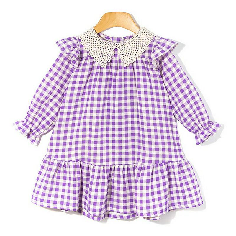 レースカラーチェックワンピース p007251 キッズ 【3~8才】【ops】【韓国 ファッション ワンピース ミディ ミディアム 膝丈 ミドル フレア Aライン 女の子 長袖 パフスリーブ フリル パターンキッズ 子供 子供用 幼稚園 通学 通園 春 秋 冬】【KIDS】