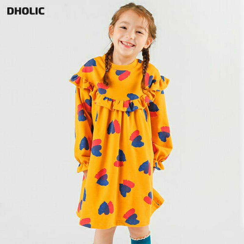 ハートプリントフリルワンピース p007279 キッズ 【3~8才】【ops】【韓国 ファッション ワンピース ロング フレア Aライン 女の子 長袖 ルーズ ゆったり パフスリーブ フリル パターンキッズ 子供 子供用 幼稚園 通学 通園 小学生 春 秋 冬】【KIDS】