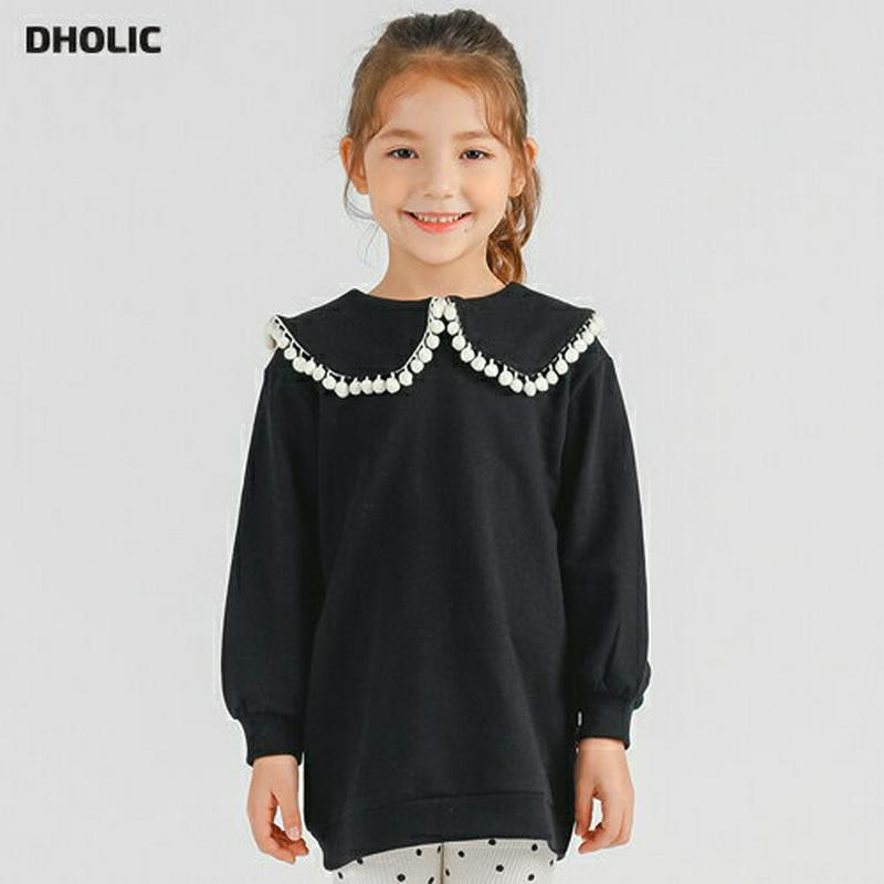 ポンポンカラーTシャツ p007254 キッズ 【3~8才】【tops】【韓国 ファッション トップス Tシャツ カットソー ラウンドネック 長袖 無地 ルーズ ゆったり 女の子　カラー 襟キッズ 子供 子供用 幼稚園 通学 通園 小学生 春 秋 冬】【KIDS】