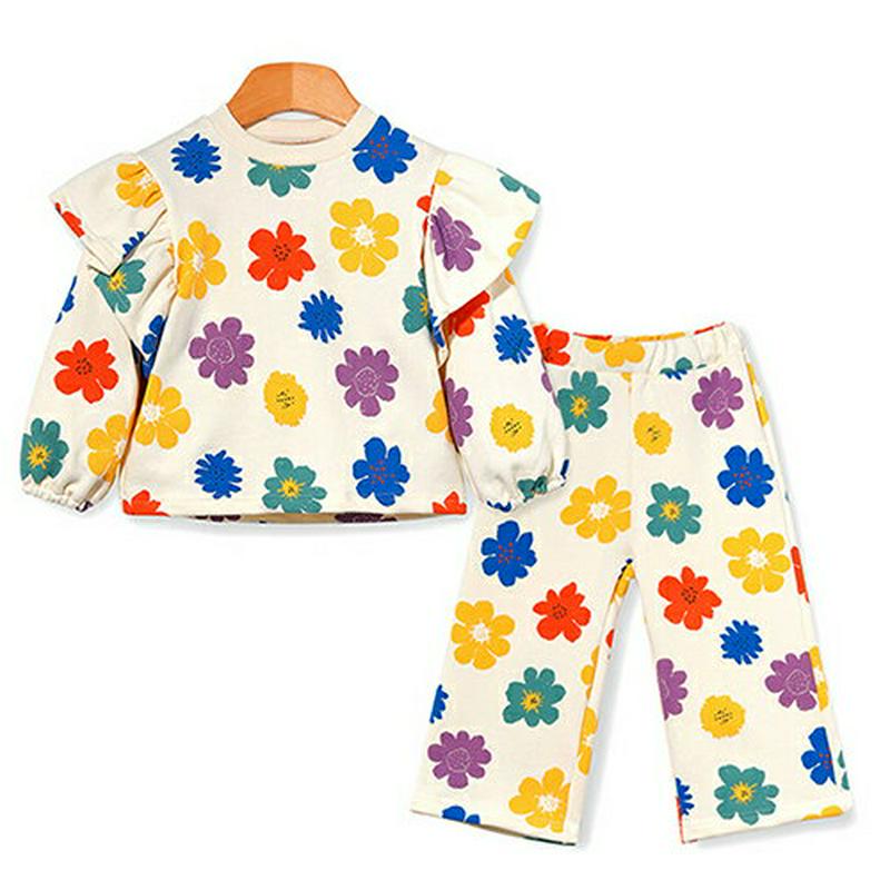 フラワーフリルTシャツ&パンツSET p007255 キッズ 【3~8才】【SET】【韓国 ファッション セットアップ Tシャツ カットソー 長袖 ラウンドネック フリル パンツ ロング ストレート ウエストゴムキッズ 子供 子供用 幼稚園 通学 通園 春 秋 冬】【KIDS】