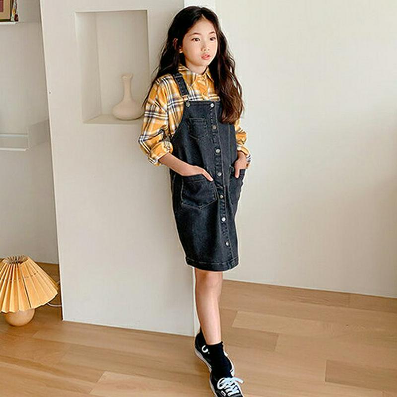 【キッズ10%OFF】ブラックデニムオーバーオールワンピース・p007052 キッズ【3~8才】【ops】【ワンピース デニム 