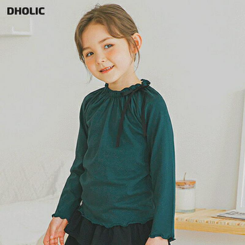 フリルリボンネックブラウス(グリーン)・p006646 キッズ【3~8才】【bl】【トップス ブラウス 長袖 フリル フリルネック 襟コンシャス 単色 シンプル 可愛い かわいい 女の子 春 秋 韓国 韓国子供服 子供 こども 子供服 こども服】【KIDS】