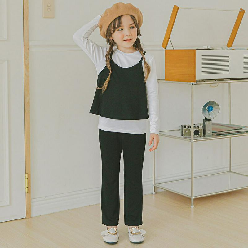 レイヤードTシャツ&パンツSET(ブラック)・p006664 キッズ【3~8才】【set】【セットアップ setup トップス Tシャツ パンツ ズボン レイヤード カジュアル シンプル 女の子 春 秋 韓国 韓国子供服 子供 こども 子供服 こども服】【KIDS】