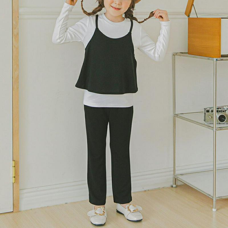 レイヤードTシャツ&パンツSET(ブラック)・p006664 キッズ【3~8才】【set】【セットアップ setup トップス Tシャツ パンツ ズボン レイヤード カジュアル シンプル 女の子 春 秋 韓国 韓国子供服 子供 こども 子供服 こども服】【KIDS】