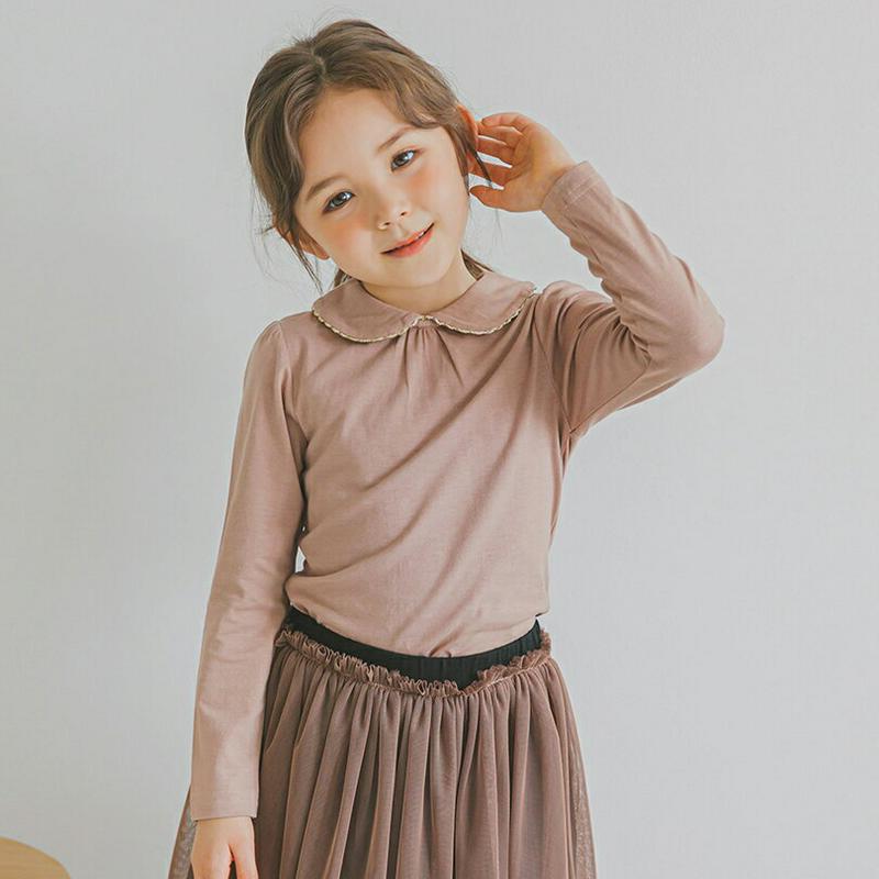 ウェーブラウンドカラーTシャツ(ベージュ)・p006645 キッズ【3~8才】【tops】【トップス Tシャツ 長袖 ウェーブ 単色 フェミニン 可愛い かわいい 丸襟 女の子 春 秋 韓国 韓国子供服 子供 こども 子供服 こども服】【KIDS】