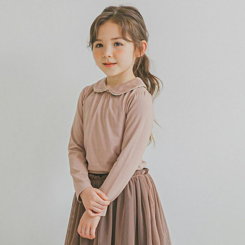 ウェーブラウンドカラーTシャツ(ベージュ)・p006645 キッズ【3~8才】【tops】【トップス Tシャツ 長袖 ウェーブ 単色 フェミニン 可愛い かわいい 丸襟 女の子 春 秋 韓国 韓国子供服 子供 こども 子供服 こども服】【KIDS】