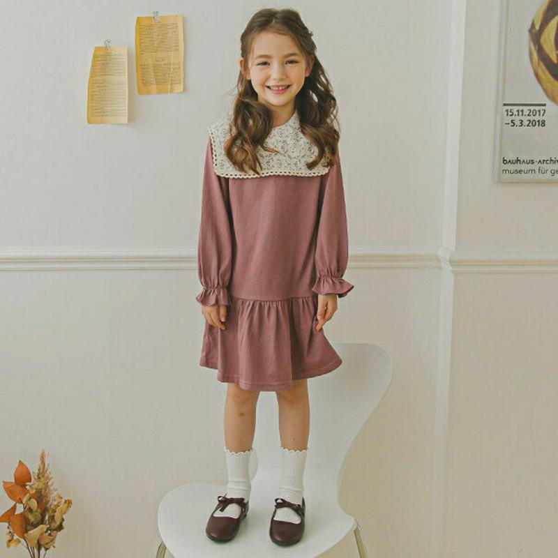 レースボックスカラーワンピース(パープル)・p006648 キッズ【3~8才】【ops】【ワンピース ミディ丈 ミディワンピース レース 長袖 フェミニン 上品 かわいい 可愛い 女の子 春 秋 韓国 韓国子供服 子供 こども 子供服 こども服】【KIDS】