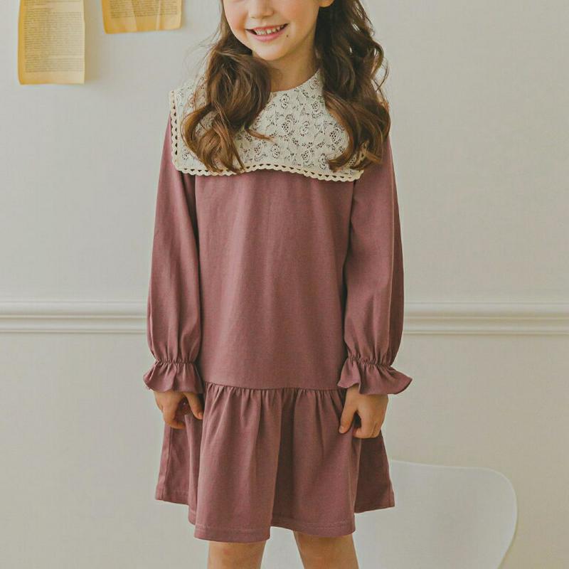 レースボックスカラーワンピース(パープル)・p006648 キッズ【3~8才】【ops】【ワンピース ミディ丈 ミディワンピース レース 長袖 フェミニン 上品 かわいい 可愛い 女の子 春 秋 韓国 韓国子供服 子供 こども 子供服 こども服】【KIDS】