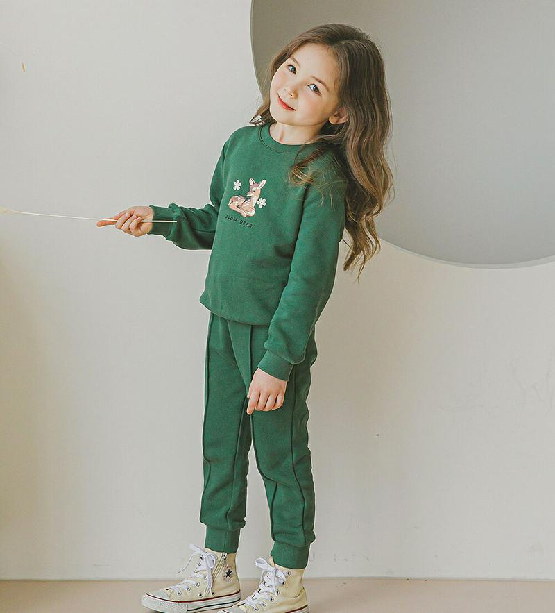 DEERスウェット上下SET(グリーン)・p006663 キッズ【3~8才】【set】【セットアップ setup トップス スウェット トレーナー 長袖 ズボン パンツ カジュアル ラフ 女の子 男の子 春 秋 冬 韓国 韓国子供服 子供 こども 子供服 こども服】【KIDS】