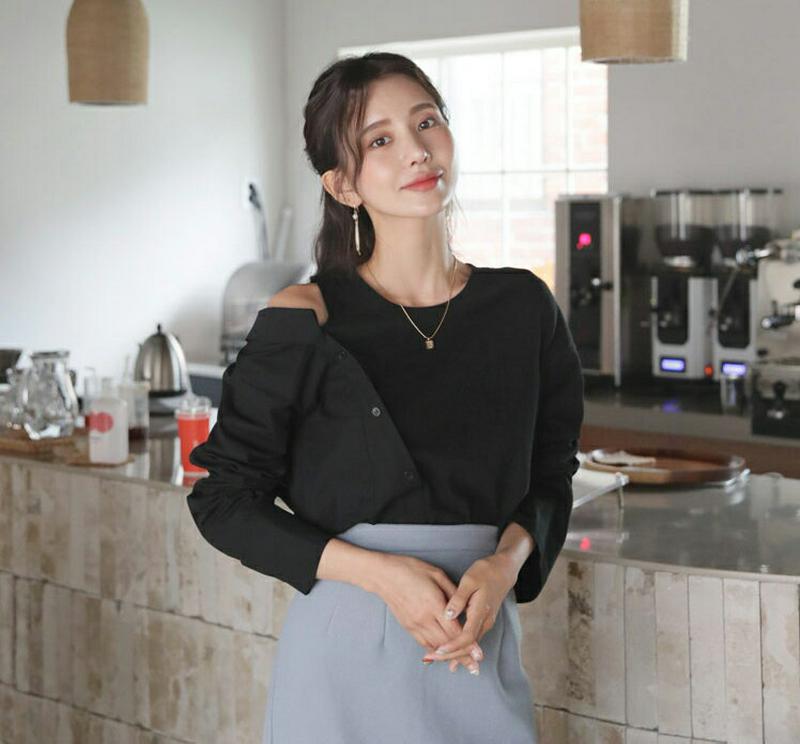 【新作10%OFF】シャツコントラストTシャツ・全3色・t61371 レディース【tops】【韓国 ファッション トップス Tシ