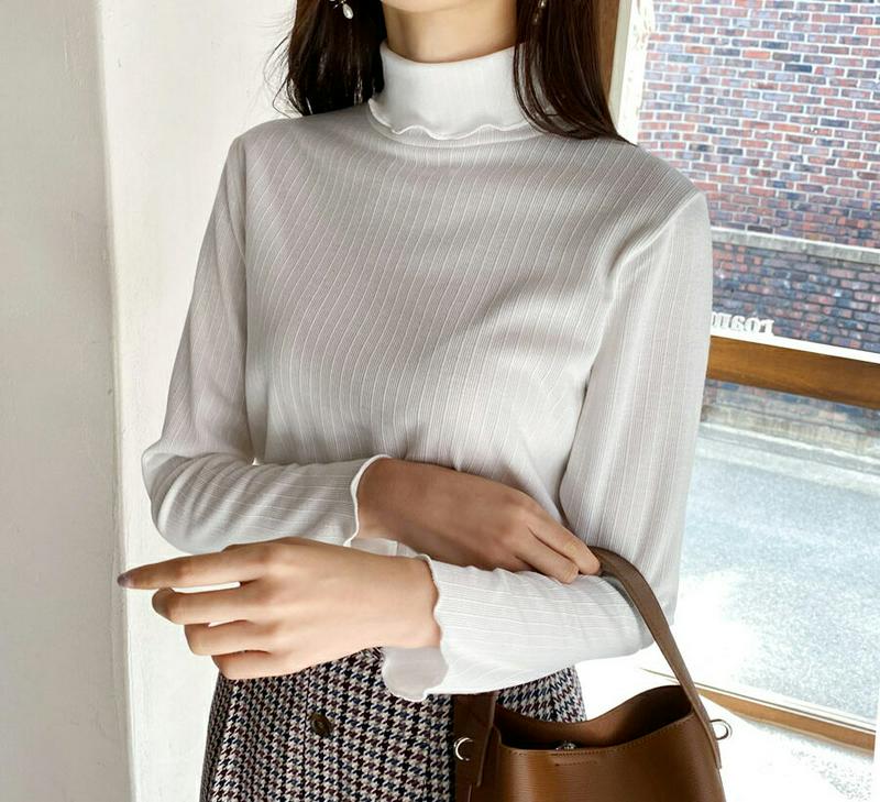 【新作10%OFF】ウェーブハイネックTシャツ・全5色・t61353 レディース【tops】【韓国 ファッション トップス Tシ
