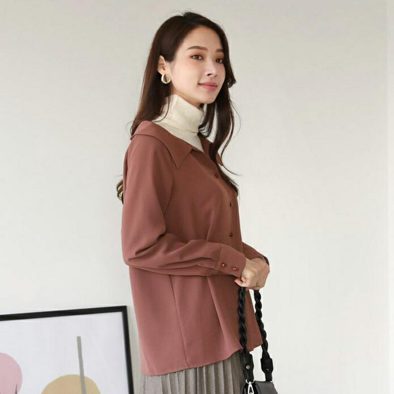 【新作10%OFF】ボタンVネックカラーブラウス・全3色・t64499 レディース【bl】【韓国 ファッション トップス ブラウ