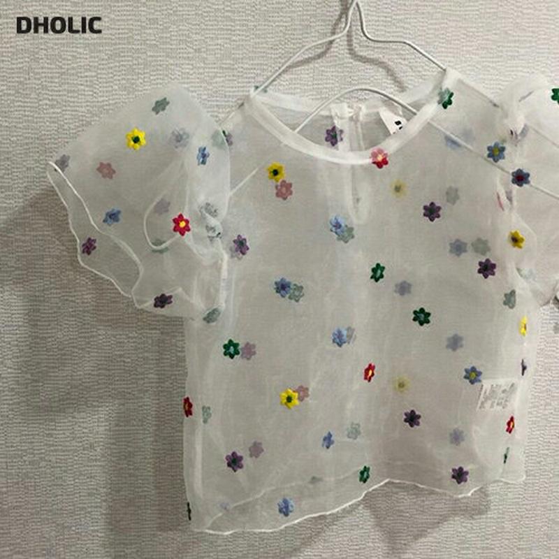 【キッズ10%OFF】カラーフラワー刺繍シアーブラウス・u07209 キッズ【3~8才】【bl】【トップス ブラウス 半袖 ラウ