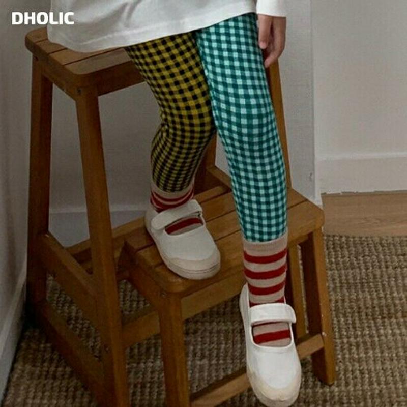 【キッズ10%OFF】バイカラーチェックレギンス u07216 キッズ 【3~8才】【pt】【韓国 ファッション ボトムス レギ