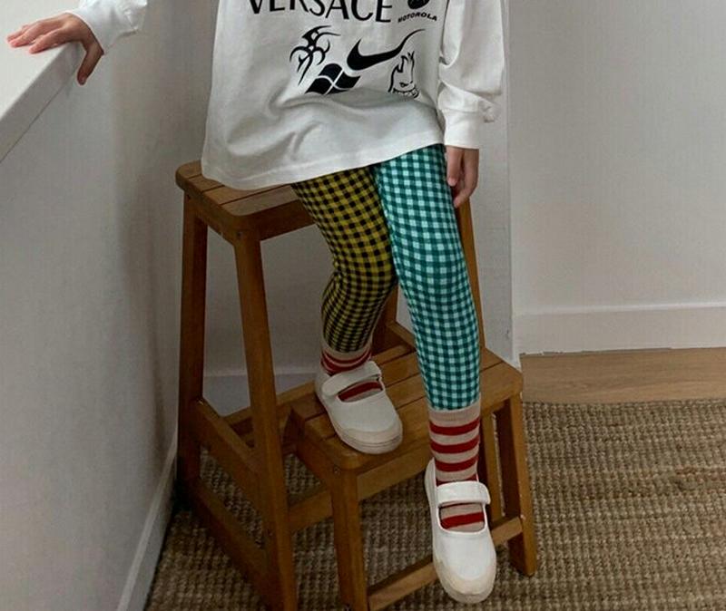 【キッズ10%OFF】バイカラーチェックレギンス u07216 キッズ 【3~8才】【pt】【韓国 ファッション ボトムス レギ