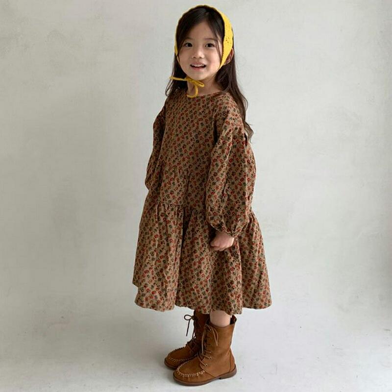 【キッズ10%OFF】花柄ギャザーコーデュロイワンピース・u05103 キッズ【3~8才】【ops】【ワンピース ロングワンピー