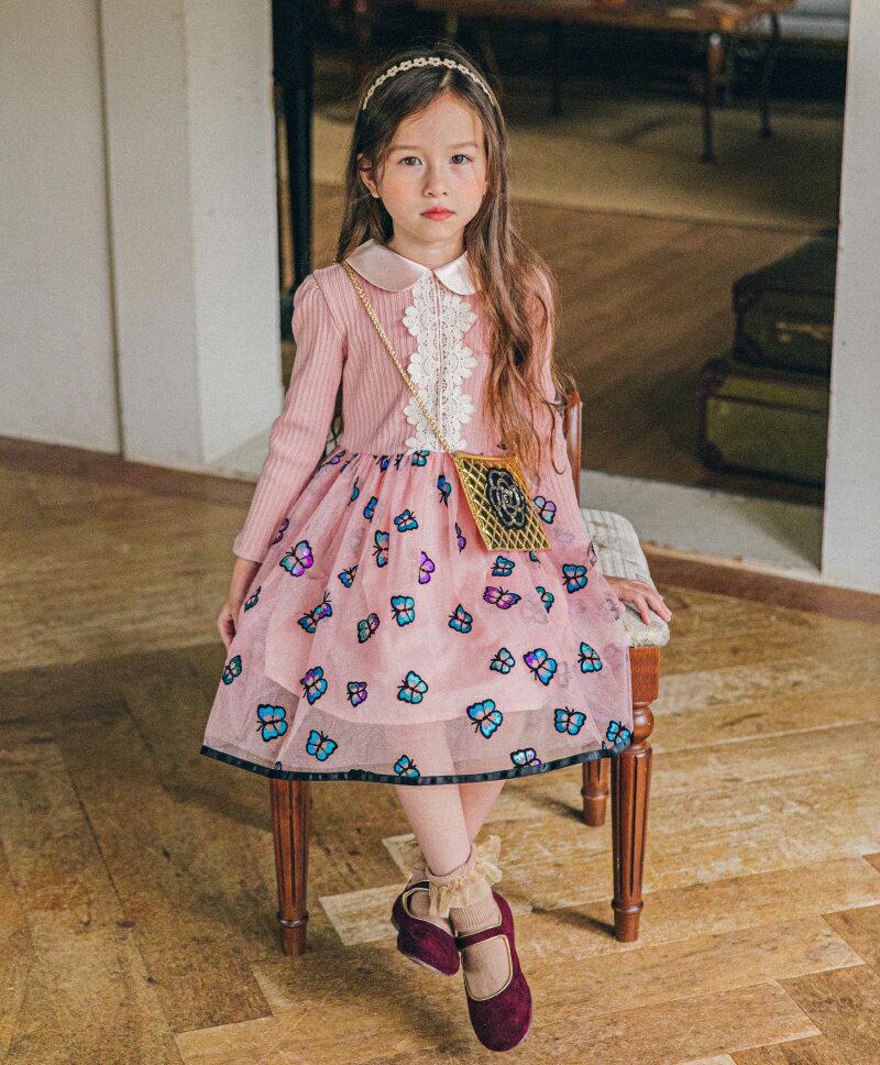 【キッズ10%OFF】配色ラウンドカラー切替ワンピース・u06715 キッズ【3~8才】【ops】【ワンピース ミディ丈 ミディ