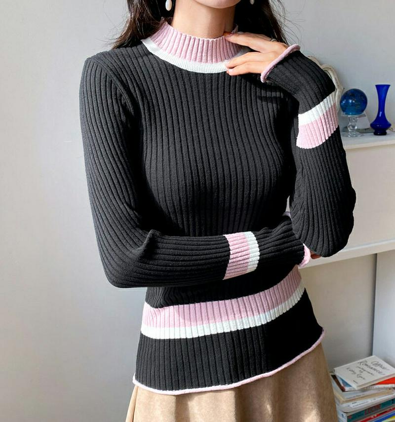 【新作10%OFF】コントラストカラーリブニット・全4色・b56037 レディース【tops】【韓国 ファッション トップス ニ