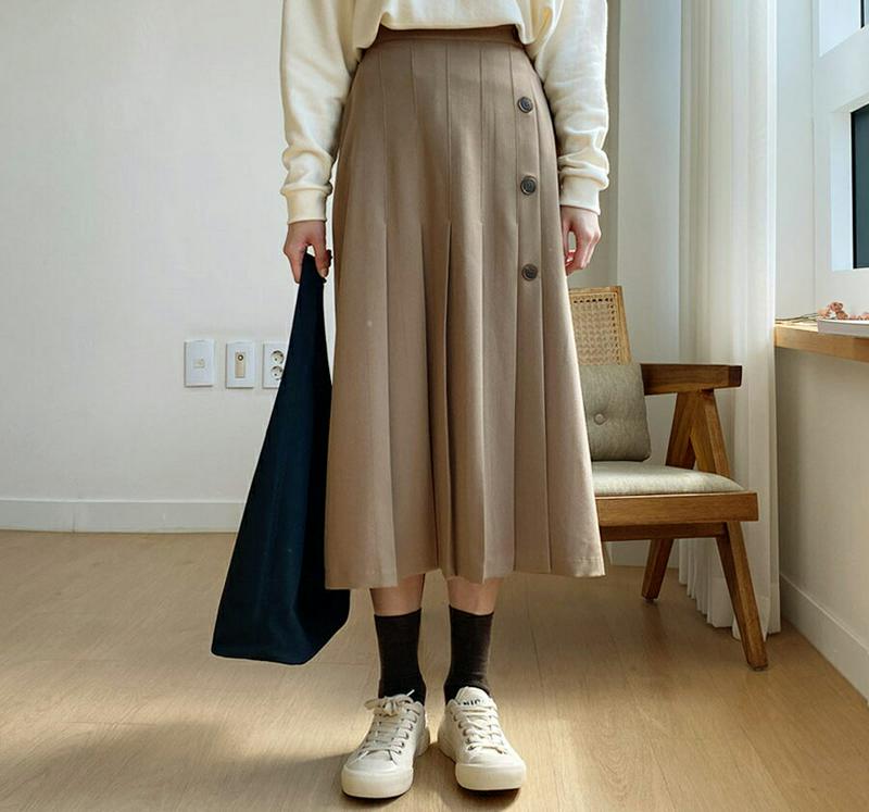 【新作10%OFF】ボタンタックスカート・全3色・b56043 レディース【sk】【韓国 ファッション ボトムス スカート ロン