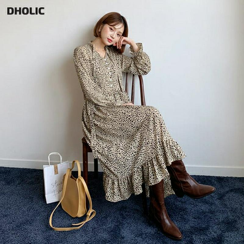 リボンレオパードワンピース・全2色・b56028 レディース【ops】【韓国 ファッション ワンピース ロングワンピース 長袖 ロングスリーブ リボン ネックリボン レオパード柄 ヒョウ柄 ボタン Vネック フレア 揺れ感 体型カバー シンプル 大人 秋 冬】