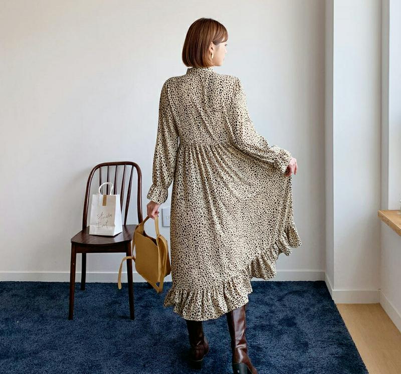 リボンレオパードワンピース・全2色・b56028 レディース【ops】【韓国 ファッション ワンピース ロングワンピース 長袖 ロングスリーブ リボン ネックリボン レオパード柄 ヒョウ柄 ボタン Vネック フレア 揺れ感 体型カバー シンプル 大人 秋 冬】