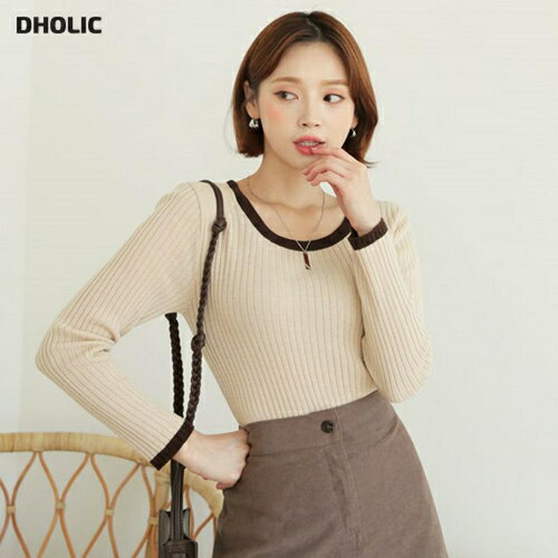 ≪人気商品再入荷≫配色ラインリブニット・t56036 レディース【tops】 韓国ファッション トップス ニット ニットトップス ロングスリーブ 長袖 Uネック 鎖骨 デコルテ スリム リブ リブニット 配色 シンプル カジュアル ラフ 秋 冬 年上