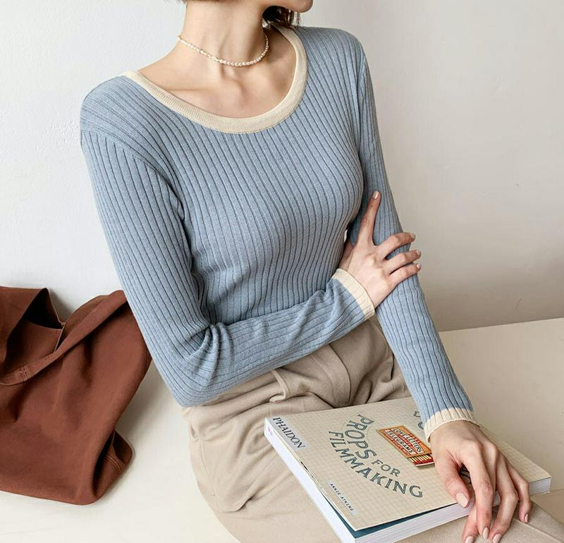≪人気商品再入荷≫配色ラインリブニット・t56036 レディース【tops】 韓国ファッション トップス ニット ニットトップス ロングスリーブ 長袖 Uネック 鎖骨 デコルテ スリム リブ リブニット 配色 シンプル カジュアル ラフ 秋 冬 年上