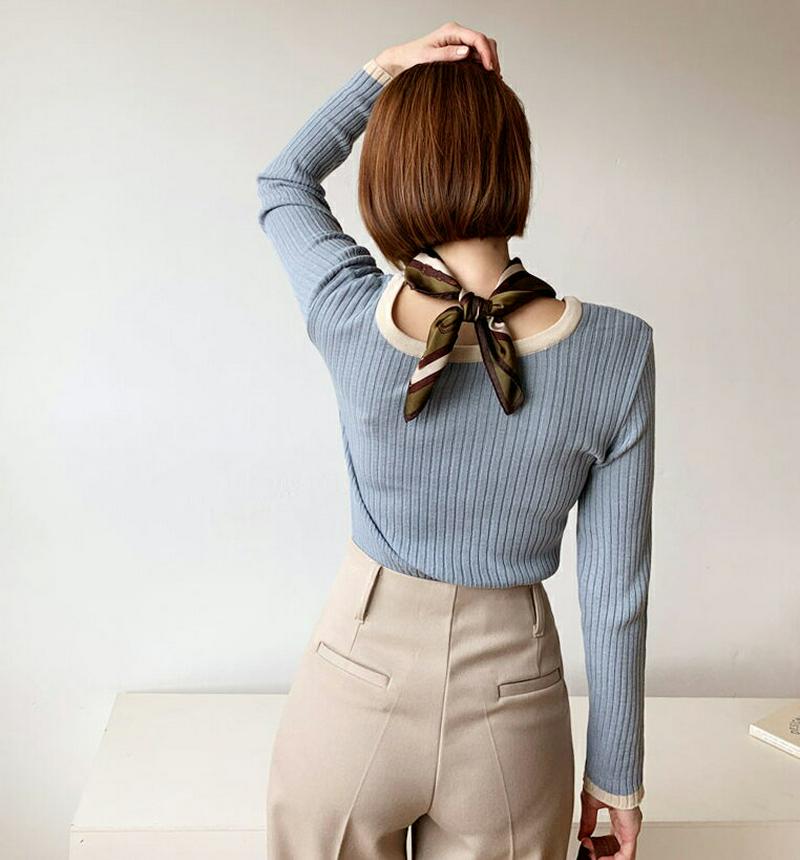 ≪人気商品再入荷≫配色ラインリブニット・t56036 レディース【tops】 韓国ファッション トップス ニット ニットトップス ロングスリーブ 長袖 Uネック 鎖骨 デコルテ スリム リブ リブニット 配色 シンプル カジュアル ラフ 秋 冬 年上