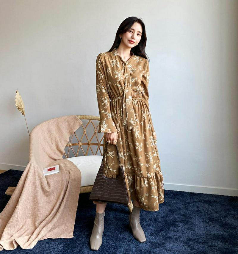 【新作10%OFF】ネックリボン花柄ワンピース・全3色・t56042 レディース【ops】【韓国 ファッション ワンピース ロン