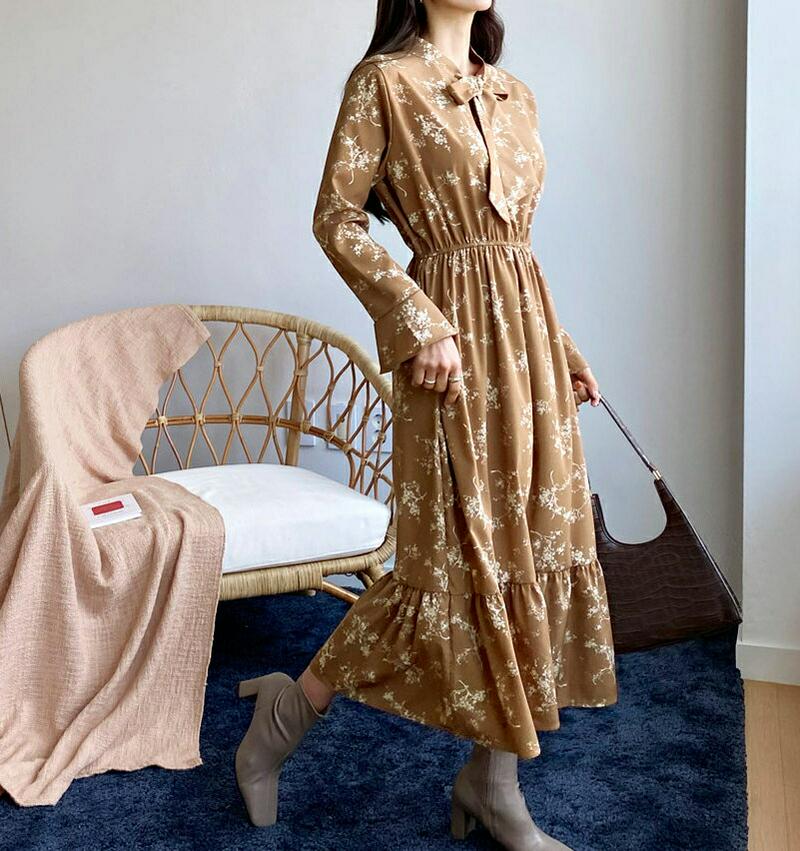 【新作10%OFF】ネックリボン花柄ワンピース・全3色・t56042 レディース【ops】【韓国 ファッション ワンピース ロン