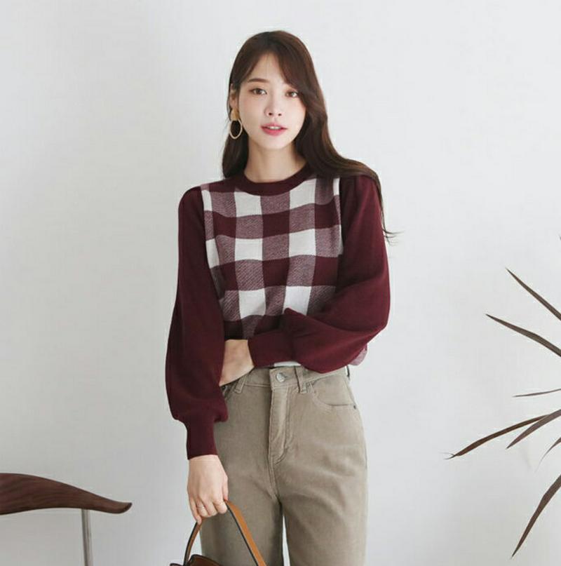 【新作10%OFF】チェック配色ニット・全5色・b64549 レディース【tops】【韓国 ファッション トップス ニット ニッ