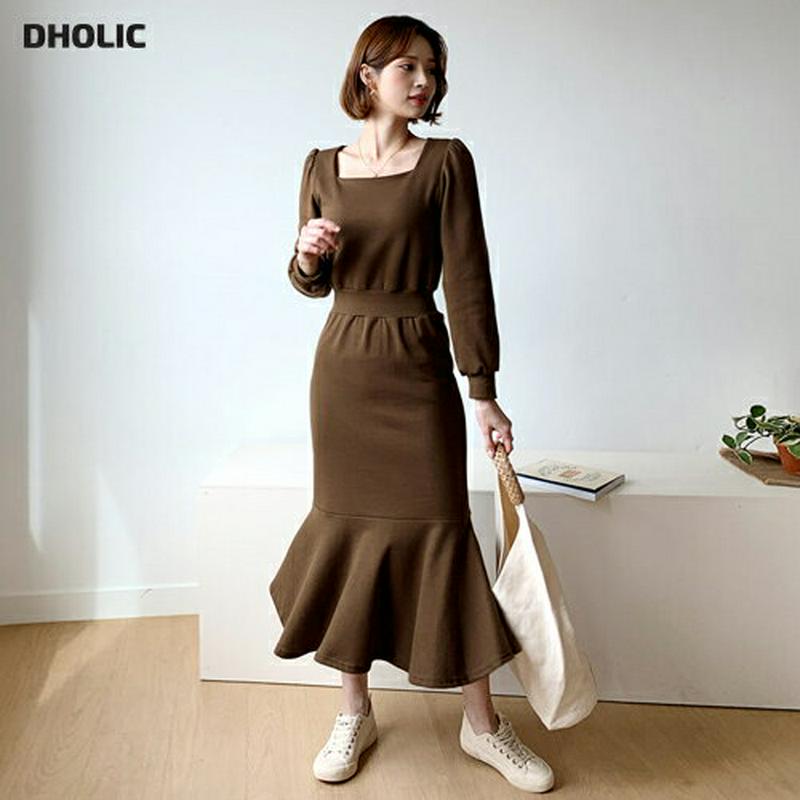 スクエアマーメイドワンピース・全3色・b56027 レディース【ops】【韓国 ファッション ワンピース ロングワンピース パフスリーブ 長袖 スクエアネック 鎖骨 デコルテ フレア マーメイドワンピース シンプル フェミニン 大人 単色 無地 秋 冬】