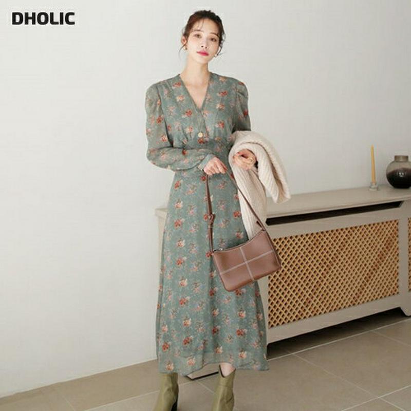 【新作10%OFF】花柄シフォンリボンワンピース・全3色・64543 レディース【ops】【韓国 ファッション ワンピース ロン