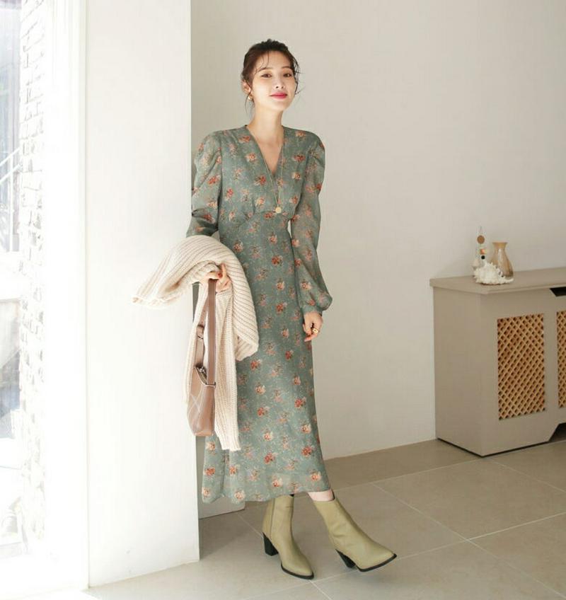 【新作10%OFF】花柄シフォンリボンワンピース・全3色・64543 レディース【ops】【韓国 ファッション ワンピース ロン