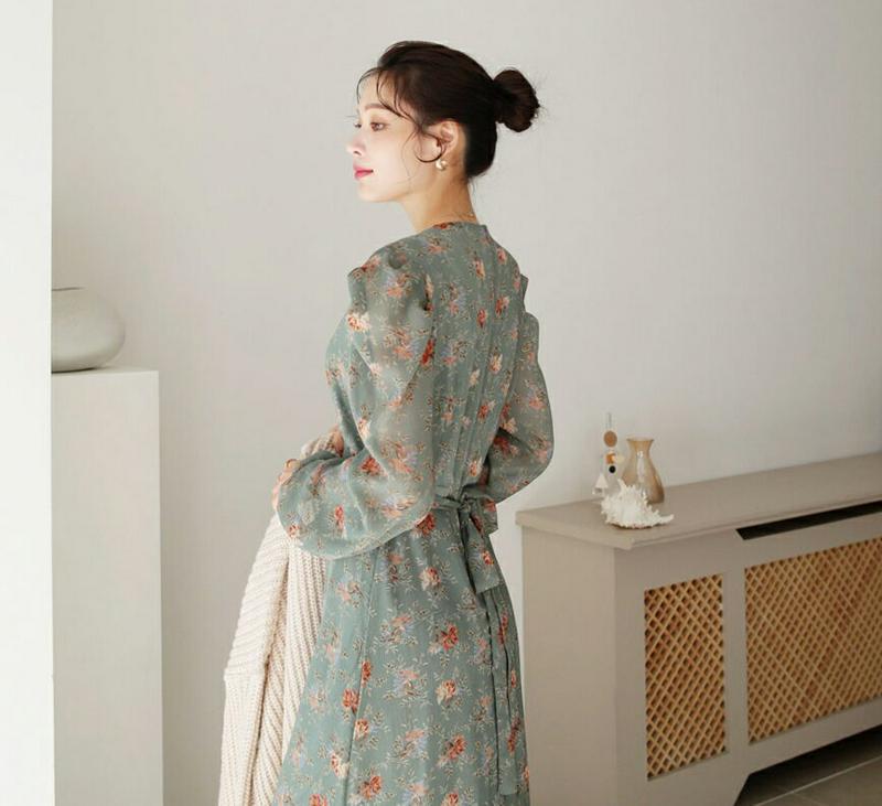 【新作10%OFF】花柄シフォンリボンワンピース・全3色・64543 レディース【ops】【韓国 ファッション ワンピース ロン
