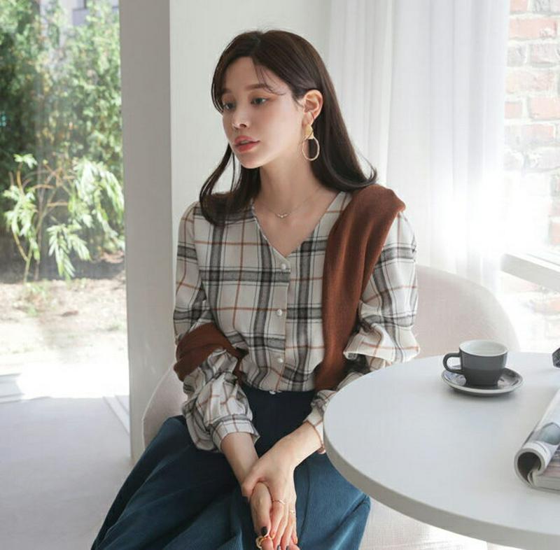 【新作10%OFF】チェックボタンブラウス・全3色・t64551 レディース【bl】【韓国 ファッション トップス ブラウス ロ
