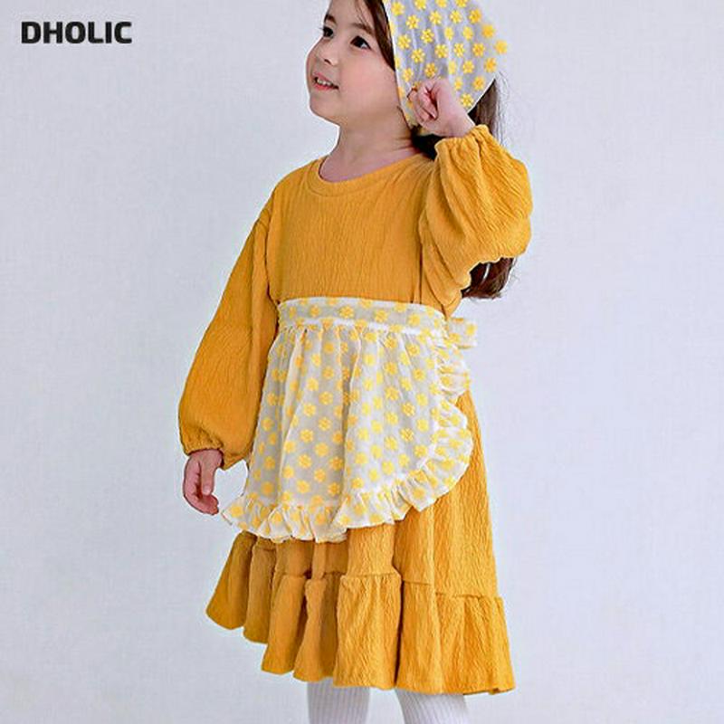 エプロン付ワンピース・p007562 キッズ【3~8才】【ops】【ワンピース ミディ丈 ミディワンピース 長袖 リンクル エプロン 花柄 フラワー 可愛い かわいい 女の子 春 秋 韓国 韓国子供服 子供 こども 子供服 こども服】【KIDS】