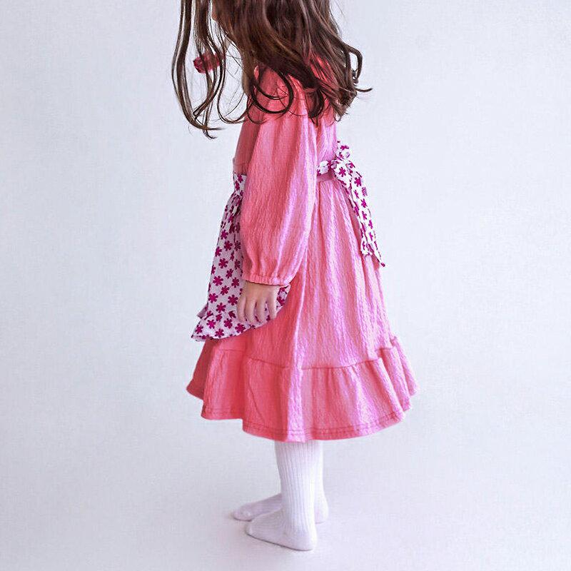 エプロン付ワンピース・p007562 キッズ【3~8才】【ops】【ワンピース ミディ丈 ミディワンピース 長袖 リンクル エプロン 花柄 フラワー 可愛い かわいい 女の子 春 秋 韓国 韓国子供服 子供 こども 子供服 こども服】【KIDS】