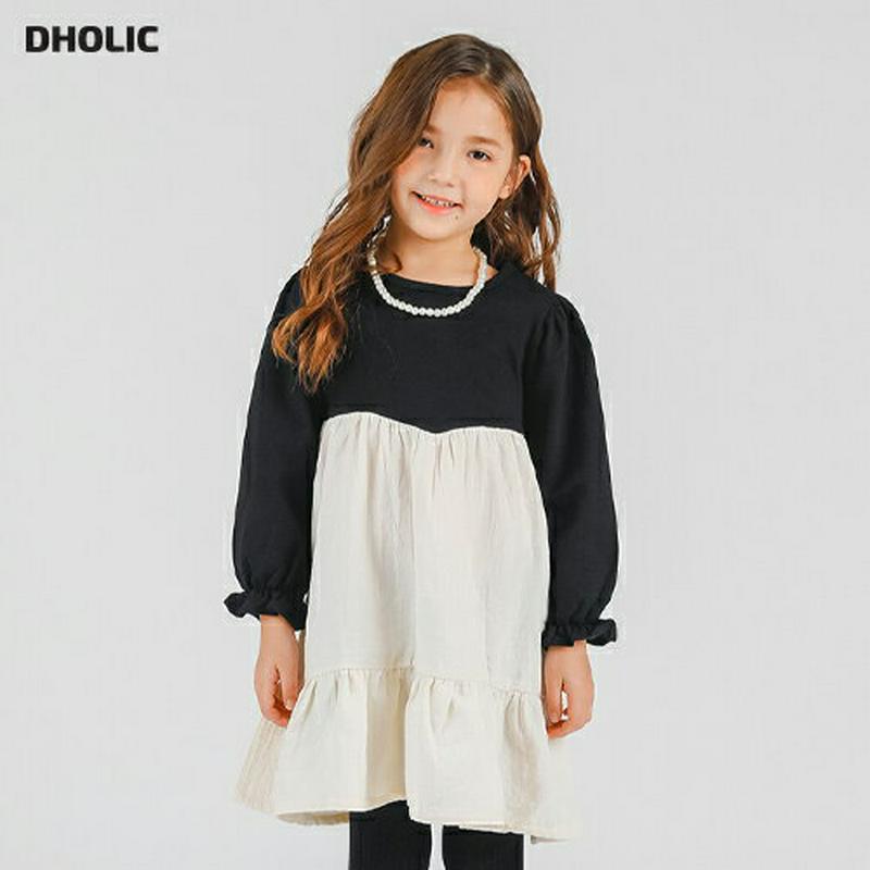 ネックレス付バイカラーワンピース・p005608 キッズ【3~8才】【ops】【ワンピース ミディ丈 ミディワンピース 長袖 バイカラー シック ネックレス 女の子 春 秋 韓国 韓国子供服 子供 こども 子供服 こども服】【KIDS】