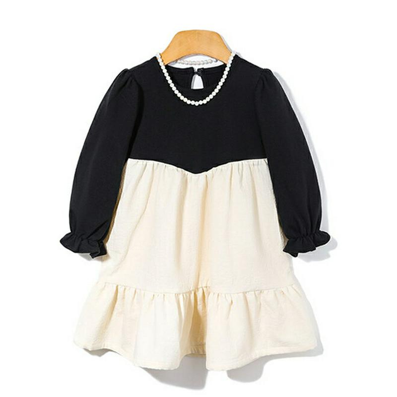 ネックレス付バイカラーワンピース・p005608 キッズ【3~8才】【ops】【ワンピース ミディ丈 ミディワンピース 長袖 バイカラー シック ネックレス 女の子 春 秋 韓国 韓国子供服 子供 こども 子供服 こども服】【KIDS】