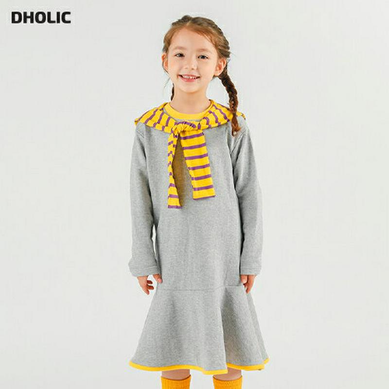 ボーダーショール付ワンピース・p007126 キッズ【3~8才】【ops】【ワンピース ミディ丈 ミディワンピース 長袖 ショーツ ボーダー 柄 無地 単色 カジュアル ラフ 女の子 秋 冬 韓国 韓国子供服 子供 こども 子供服 こども服】【KIDS】