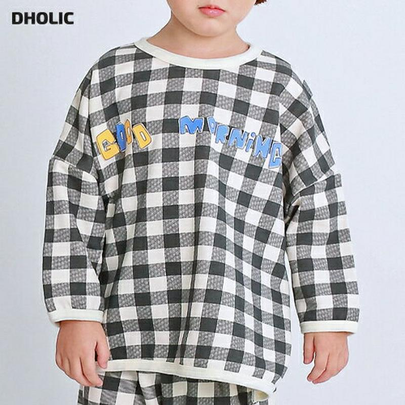 ロゴチェックTシャツ・p007550 キッズ【3~8才】【uw】【パジャマ ルームウェア 部屋着 長袖 トップス Tシャツ ロンT チェック柄 ギンガムチェック ロゴ カジュアル ゆったり 女の子 男の子 韓国 韓国子供服 子供 こども 子供服 こども服】【KIDS】