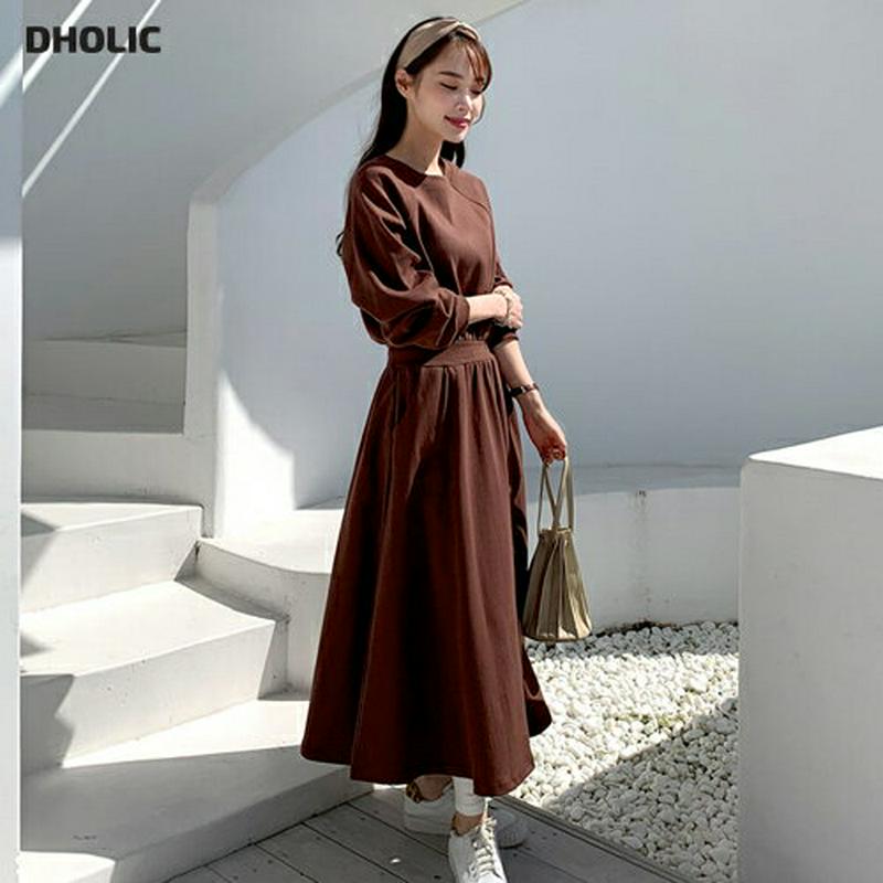 【只今10%OFF】ラグランスウェットワンピース・全2色・e64600 レディース【ops】【韓国 ファッション ワンピース ロングワンピース スウェット 長袖 ラグランスリーブ ラウンドネック フレア 体型カバー シンプル カジュアル 単色 無地 秋 冬】【ハイホリHIHOLLI】